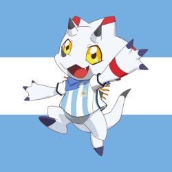 Rule 34 | 1boy, 2022, 2022 fifa world cup, argentina, argentinian flag, argentinian flag print, artist request, blue scarf, cheering, claws, digimon, digimon (creature), digimon ghost game, fang, flag print, gammamon, happy, horns, jumping, looking at viewer, open mouth, scarf, sharp teeth, smile, soccer, soccer uniform, solo, sportswear, tail, teeth, world cup, yellow eyes