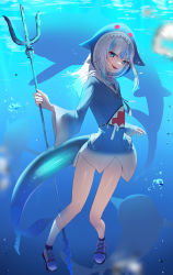 Rule 34 | 1girl, 38 (sanjuuhachi), air bubble, animal hood, bare legs, blue eyes, blue hair, blue hoodie, bubble, commentary, fins, fish tail, full body, gawr gura, gawr gura (1st costume), highres, holding trident, hololive, hololive english, hood, hood up, hoodie, long hair, looking at viewer, multicolored hair, open mouth, shark, shark hood, shark tail, smile, solo, streaked hair, tail, underwater, virtual youtuber, white hair