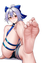 Rule 34 | 1girl, absurdres, bare shoulders, barefoot, blue bow, blue one-piece swimsuit, blush, bow, collarbone, competition swimsuit, fate/grand order, fate (series), foot focus, foreshortening, grey hair, hair between eyes, hair bow, head tilt, highres, looking at viewer, oirin, one-piece swimsuit, red eyes, simple background, sitting, smile, soles, solo, swimsuit, thigh strap, toes, tomoe gozen (fate), tomoe gozen (swimsuit saber) (fate), tomoe gozen (swimsuit saber) (first ascension) (fate), white background