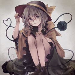 Rule 34 | 1girl, black hat, blouse, blue eyes, bow, bright pupils, brown footwear, closed mouth, collarbone, commentary request, eyeball, floral print, frilled shirt collar, frills, green skirt, grey background, hair between eyes, hat, hat bow, heart, heart of string, koishi day, komeiji koishi, light green hair, light smile, long hair, looking at viewer, m (neteitai10), petticoat, shirt, simple background, skirt, solo, squatting, third eye, touhou, wavy hair, wide sleeves, yellow bow, yellow shirt