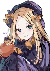 Rule 34 | 1girl, abigail williams (fate), black bow, black dress, black hat, blonde hair, blue eyes, blush, bow, breasts, dress, fate/grand order, fate (series), forehead, hair bow, hat, highres, hitomin (ksws7544), long hair, long sleeves, looking at viewer, orange bow, parted bangs, ribbed dress, sleeves past fingers, sleeves past wrists, small breasts, smile, solo, stuffed animal, stuffed toy, teddy bear