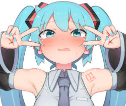 Rule 34 | 1girl, abmayo, aqua eyes, aqua hair, aqua nails, armpits, bare shoulders, black sleeves, blue necktie, blush, commentary request, detached sleeves, double v, emotional engine - full drive, fate/grand order, fate (series), grey shirt, hair ornament, hands up, hatsune miku, highres, long hair, looking at viewer, nail polish, necktie, open mouth, shirt, shoulder tattoo, sleeveless, sleeveless shirt, smile, solo, sparkle, sparkle background, sunburst, sunburst background, sweat, tattoo, twintails, upper body, v, v-shaped eyebrows, vocaloid