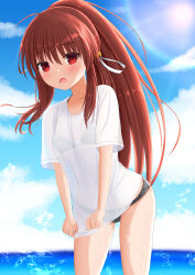 Rule 34 | 1girl, absurdres, ahoge, backlighting, bell, bikini, bikini under clothes, black bikini, blue sky, blush, breasts, brown hair, coffeem55, commentary request, cowboy shot, d:, day, eyes visible through hair, frown, hair bell, hair between eyes, hair ornament, hair ribbon, highres, hot, jingle bell, little busters!, long hair, looking at viewer, natsume rin, navel, open mouth, outdoors, plaid, plaid bikini, ponytail, rainbow, red eyes, ribbon, see-through, see-through shirt, shirt, short sleeves, sidelocks, sky, small breasts, solo, standing, summer, sun, swimsuit, teeth, upper teeth only, very long hair, water drop, white ribbon, white shirt