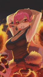 Rule 34 | 1girl, armpits, arms behind head, arms up, breasts, character request, cleavage, highres, kina lillet, large breasts, long hair, necklace, pink hair, player (webtoon), pointy ears, ponytail, red eyes, ring, ring necklace, rmilart, solo