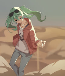 Rule 34 | 1girl, aqua eyes, aqua hair, cowboy shot, denim, desert, earrings, expressionless, eyewear on head, hatsune miku, jacket, jeans, jewelry, long sleeves, looking down, outstretched hand, pants, red jacket, sand, shino (pixiv), shirt, solo, solo focus, storm, suna no wakusei (vocaloid), sunglasses, twintails, upper body, vocaloid, white shirt