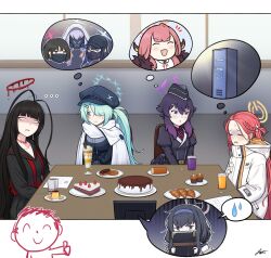 Rule 34 | 1boy, 5girls, antenna hair, aru (blue archive), atsuko (blue archive), baseball cap, black eyes, black hair, blue archive, blue eyes, blunt bangs, bow, bowtie, braid, cake, choker, commentary request, croissant, cup, cupcake, demon girl, demon horns, doodle sensei (blue archive), doughnut, drinking glass, food, fork, gradient hair, green hair, grey eyes, hair between eyes, hair ornament, hairband, hairclip, halo, haruka (blue archive), hat, highres, hiyori (blue archive), hood, hooded coat, horns, jpark, juice, locker, long hair, long sleeves, looking away, low twintails, mask, misaki (blue archive), mouth mask, multicolored hair, multiple girls, nervous, orange juice, parfait, parted bangs, plate, pudding, purple eyes, purple hair, red hair, saori (blue archive), scared, school uniform, sensei (blue archive), serafuku, short hair, side ponytail, sidelocks, single braid, spoken character, spoken sweatdrop, strawberry shortcake, sweatdrop, swiss roll, table, tea, teacup, thought bubble, thumbs up, trait connection, tsurugi (blue archive), turtleneck, twintails, ui (blue archive), video call, yuzu (blue archive)