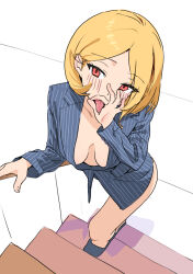 Rule 34 | 1girl, blonde hair, blue jacket, blush, breasts, breasts apart, collarbone, eyelashes, fellatio gesture, highres, indoors, jacket, medium breasts, medium hair, no bra, no pants, no shirt, original, parted bangs, red eyes, sekoshi (some1else45), shadow, sidelocks, simple background, sketch, slippers, solo, some1else45, stairs, striped clothes, striped jacket, swept bangs, tongue, tongue out, white background