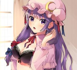 Rule 34 | 1girl, bad id, bad twitter id, black bra, blue bow, bow, bra, breasts, capelet, cleavage, crescent, crescent pin, dress, hair bow, hat, highres, indoors, long hair, looking at viewer, medium breasts, mob cap, open clothes, open dress, patchouli knowledge, pink capelet, pink dress, pink hat, purple eyes, purple hair, red bow, solo, touhou, underwear, upper body, vanilla (miotanntann), window