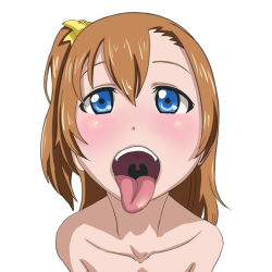 Rule 34 | 10s, 1girl, blue eyes, blush, brown hair, female focus, hair ribbon, kosaka honoka, looking at viewer, love live!, love live! school idol project, megakura kinshi, nude, open mouth, oral invitation, pov, ribbon, sexually suggestive, simple background, solo, teeth, tongue, tongue out, upper body, uvula, white background