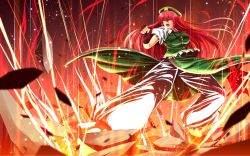 Rule 34 | 1girl, bad id, bad pixiv id, black gloves, blue eyes, braid, breasts, broken ground, chinese clothes, fighting stance, fingerless gloves, gloves, hat, highres, hong meiling, large breasts, long hair, nekominase, open mouth, pants, pants under skirt, red hair, shirt, short sleeves, skirt, skirt set, solo, star (symbol), touhou, twin braids, very long hair