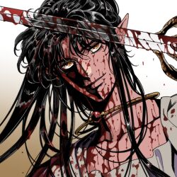 Rule 34 | 1boy, 5altybitter5, ashura (rg veda), black hair, blood, blood on face, bloody weapon, closed mouth, head tilt, holding, holding sword, holding weapon, jewelry, long hair, looking at viewer, male focus, necklace, orange eyes, pointy ears, portrait, rg veda, sanpaku, smile, solo, sword, weapon