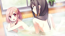 Rule 34 | 2girls, ayase sayuki, bathing, bathroom, black hair, blush, braid, flower, game cg, hair flower, hair ornament, highres, kantoku, long hair, looking at another, multiple girls, nipples, non-web source, nude, open mouth, pink eyes, pink hair, same-sex bathing, shared bathing, smile, swept bangs, wet, your diary, yua (your diary)