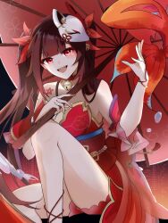 Rule 34 | 1girl, :d, bare shoulders, blush, bow, brown hair, cocokurumi123, dress, eyeliner, fox mask, hair bow, hand up, highres, holding, holding umbrella, honkai: star rail, honkai (series), knee up, long bangs, long hair, looking at viewer, makeup, mask, mask on head, obi, open hand, open mouth, parasol, red bow, red dress, red eyeliner, red eyes, sash, short dress, sidelocks, sitting, sleeveless, sleeveless dress, smile, solo, sparkle (honkai: star rail), teeth, twintails, umbrella, upper teeth only