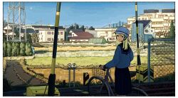 Rule 34 | 1girl, bicycle, bicycle helmet, black sailor collar, black skirt, blonde hair, blue shirt, blue sky, boom barrier, border, brown eyes, closed mouth, day, feet out of frame, field, from behind, helmet, highres, house, long hair, long sleeves, looking at viewer, looking back, ogistation, original, outdoors, power lines, pushing bicycle, railroad crossing, road, sailor collar, sailor shirt, scenery, school uniform, serafuku, shirt, skirt, sky, solo, standing, straight hair, town, utility pole, white border, wide shot