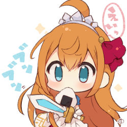 Rule 34 | 1girl, ahoge, blue eyes, brown hair, chibi, commentary request, eating, food, gloves, hair between eyes, hair ribbon, holding, holding sword, holding weapon, long hair, muuran, onigiri, pecorine (princess connect!), princess connect!, puffy short sleeves, puffy sleeves, red ribbon, ribbon, short sleeves, signature, simple background, solo, sparkle, sword, tiara, translation request, very long hair, weapon, white background, white gloves