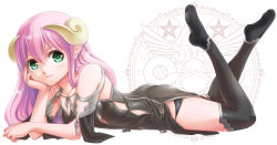 Rule 34 | 1girl, aqua eyes, ass, black panties, black thighhighs, demon girl, feet, female focus, from side, hand on own face, head rest, highres, horns, legs up, long hair, looking at viewer, lying, no shoes, on stomach, original, panties, pink hair, pointy ears, smile, soles, solo, star (symbol), the pose, thighhighs, uchida masahiro, underwear, very long hair, white background