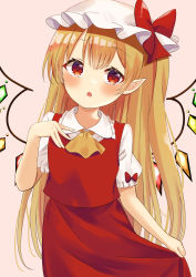 Rule 34 | 1girl, absurdres, alternate hairstyle, ascot, blonde hair, blush, bow, collar, collared shirt, crystal, flandre scarlet, hair between eyes, hand up, has bad revision, has downscaled revision, hat, hat bow, highres, jewelry, kamachi (kamati0maru), long hair, looking to the side, md5 mismatch, mob cap, multicolored wings, open mouth, pink background, pointy ears, puffy short sleeves, puffy sleeves, red bow, red eyes, red skirt, red vest, resolution mismatch, shirt, short sleeves, simple background, skirt, solo, source smaller, touhou, vest, white hat, white shirt, wings, yellow ascot