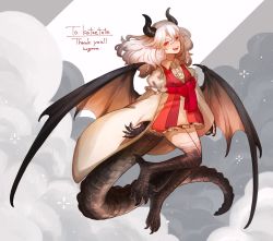 Rule 34 | 1girl, animal feet, bow, claws, cloud, collared shirt, dragon girl, dragon horns, dragon tail, dragon wings, dress, fang, fang out, fangs, fangs out, fingernails, frilled dress, frilled sleeves, frills, hogara, horns, long sleeves, looking at viewer, medium hair, monster girl, original, red eyes, scales, sharp fingernails, sharp teeth, shirt, signature, slit pupils, tail, talons, teeth, white hair, wide sleeves, wings