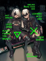 Rule 34 | 1boy, 1girl, 2b (nier:automata), 9s (nier:automata), :d, audience, barley juice, belt, black blindfold, black dress, black gloves, black hairband, black socks, blindfold, boots, clothing cutout, commentary, crossed legs, dress, english text, expressionless, gloves, green line test (meme), hairband, hand on own knee, hand up, highres, long sleeves, looking at viewer, mole, mole under mouth, nier:automata, nier (series), open mouth, photo-referenced, puffy sleeves, ribbed socks, short hair, sitting, smile, socks, spread legs, symbol-only commentary, thighhighs, white hair