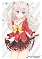 Rule 34 | 10s, 1girl, blue eyes, charlotte (anime), chrisandita, clothes lift, highres, long hair, school uniform, serafuku, silver hair, skirt, skirt lift, solo, striped, striped background, tomori nao, twintails, two side up
