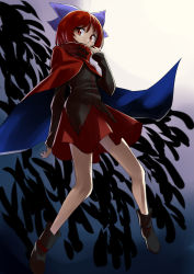 Rule 34 | 1girl, abe ranzu, backlighting, bare legs, black shirt, black footwear, black shirt, blouse, blue bow, bow, cape, commentary, covered mouth, flying, from side, full body, full moon, hair bow, high collar, highres, long sleeves, looking at viewer, looking to the side, miniskirt, moon, moonlight, night, red cape, red eyes, red hair, red skirt, sekibanki, shirt, shoes, short hair, skirt, solo, touhou
