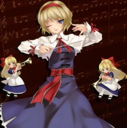 Rule 34 | 3girls, alice margatroid, band, conductor baton, blonde hair, blue eyes, conductor, doll, female focus, hairband, highres, instrument, multiple girls, rokuwata tomoe, shanghai doll, short hair, solo, standing, touhou, trumpet, wings