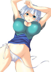 Rule 34 | 1girl, :o, aki eda, arms up, blue eyes, blue hair, blunt bangs, blush, braid, breasts, cameltoe, cleavage, covered erect nipples, dutch angle, embarrassed, fingernails, from above, groin, hair ornament, hairclip, huge breasts, impossible clothes, impossible shirt, long fingernails, looking at viewer, lying, matching hair/eyes, midriff, navel, no pants, on back, open mouth, panties, panty pull, see-through, seolla schweizer, shirt, short hair, side-tie panties, side braid, silver hair, simple background, sleeveless, sleeveless shirt, solo, super robot wars, sweat, thighs, underwear, untied, wet, wet clothes, wet panties, white background, white panties