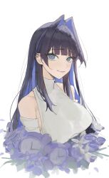 Rule 34 | 1girl, arch 05x, black hair, blue eyes, blue flower, blue hair, blunt bangs, clock, colored inner hair, cropped torso, detached sleeves, ear piercing, flower, highres, hololive, hololive english, light smile, long hair, looking at viewer, multicolored hair, ouro kronii, ouro kronii (casual), piercing, shirt, sidelocks, sleeveless, sleeveless shirt, smile, solo, two-tone hair, virtual youtuber, white background, white shirt