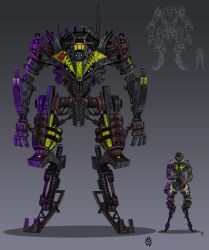 Rule 34 | 1boy, absurdres, apex legends, cable, full body, green eyes, grey background, highres, humanoid robot, joints, looking at viewer, mecha, mechanization, octane (apex legends), robot, robot joints, science fiction, shadow, size comparison, titan (titanfall), titanfall (series), wolfdawg art