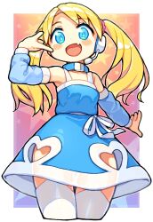 Rule 34 | 1girl, :d, bachera, bare shoulders, blonde hair, blue dress, blue eyes, blue sleeves, blush stickers, clothing cutout, collarbone, commentary, cropped legs, detached sleeves, dress, fang, hand up, headset, heart cutout, highres, long hair, long sleeves, looking at viewer, open mouth, parted bangs, puffy long sleeves, puffy sleeves, rta-chan, rta in japan, sleeveless, sleeveless dress, smile, solo, thighhighs, twintails, very long hair, white thighhighs