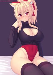 Rule 34 | 1girl, animal ears, blonde hair, blush, breasts, cat ears, cat girl, cleavage, cleavage cutout, closed mouth, clothing cutout, commentary, covered navel, english commentary, hair ornament, hand up, highleg, highleg leotard, highres, large breasts, leotard, long hair, looking at viewer, nottytiffy, original, patreon username, ponytail, purple thighhighs, red eyes, red leotard, smile, solo, thighhighs, thighs, tiffy (nottytiffy)
