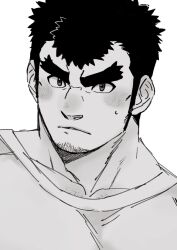 Rule 34 | 1boy, bara, blush, chest hair peek, collarbone, facial hair, forked eyebrows, goatee, goatee stubble, greyscale, huge eyebrows, large pectorals, light frown, long sideburns, male focus, monochrome, muscular, muscular male, oskn tengoku, pectorals, shirt, short hair, shy, sideburns, solo, stubble, sweatdrop, t-shirt, takabushi kengo, tokyo houkago summoners, upper body
