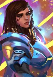 Rule 34 | 1girl, armor, black hair, brown eyes, dark-skinned female, dark skin, eye of horus, eyebrows, eyelashes, facial mark, facial tattoo, hair tubes, highres, lips, looking at viewer, looking to the side, nose, overwatch, overwatch 1, parted lips, pharah (overwatch), power armor, realistic, solo, tattoo, yy6242