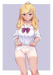 Rule 34 | 1girl, ahoge, blonde hair, blush, bottomless, bow, bowtie, bracelet, breasts, cleavage, cleft of venus, clothes lift, collarbone, earrings, female pubic hair, gluteal fold, half-closed eyes, highres, jacket, jewelry, knees, large breasts, long hair, long sleeves, looking at viewer, mm (mm chair), nijisanji, open mouth, pubic hair, purple bow, purple eyes, pussy, seductive smile, shirt, shirt lift, simple background, sleeves rolled up, smile, solo, standing, swept bangs, takamiya rion, tan, tanline, virtual youtuber, wavy hair, white jacket