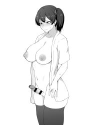 Rule 34 | 1girl, absurdres, blouse, blush, breasts, cleft of venus, embarrassed, erection, futanari, futanari, hair ribbon, highres, kaga (kancolle), kantai collection, large breasts, nipples, no testicles, open clothes, open shirt, penis, pussy, ribbon, shirt, side ponytail, solo, sweat, takaman (gaffe), thighhighs, veins, veiny penis