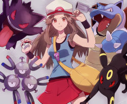 Rule 34 | 1girl, arm up, bag, blastoise, blue tank top, brown hair, closed mouth, collarbone, colored sclera, commentary request, creatures (company), enamo (dcah), game freak, gen 1 pokemon, gen 2 pokemon, gengar, grey background, hand on headwear, hand up, hat, highres, holding, holding poke ball, leaf (pokemon), long hair, looking at viewer, magneton, nintendo, poke ball, poke ball (basic), pokemon, pokemon (creature), pokemon frlg, porkpie hat, red sclera, red skirt, skirt, tank top, tongue, tongue out, umbreon, wristband