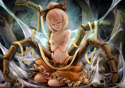 Rule 34 | 1girl, barefoot, blonde hair, bow, breast hold, breasts, bug, covering privates, covering breasts, female focus, hair bow, arthropod girl, kneeling, kurodani yamame, monster girl, nipple slip, nipples, orange eyes, sai-go, silk, sitting, skull, small breasts, solo, spider, spider girl, spider web, tears, topless, touhou