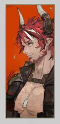 Rule 34 | 1boy, arknights, bara, colored eyelashes, cow boy, cow horns, dog tags, facial hair, highres, horns, humus (arknights), large pectorals, looking ahead, male focus, mature male, multicolored hair, muscular, muscular male, mustache stubble, neckbeard, partially unzipped, pectoral cleavage, pectorals, pipidan, pointy ears, seductive smile, short hair, sideburns, smile, solo, sparse chest hair, streaked hair, stubble, thick eyebrows, upper body