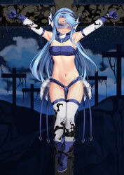 Rule 34 | 1girl, armpits, arms up, bandeau, bare shoulders, blue eyes, blue footwear, blue gloves, blue hair, blue hairband, boots, christa ellianna fluica, crucifixion, elbow gloves, full body, gloves, groin, hairband, highres, long hair, looking at viewer, navel, one eye closed, original, solo, stomach, strapless, thighhighs, thighs, tube top, very long hair, white thighhighs, yasume yukito