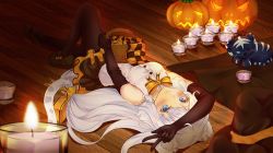 Rule 34 | 1girl, animal ears, arm up, bad id, bad pixiv id, basket, black footwear, black hat, black skirt, blue eyes, blurry, blurry foreground, breasts, brown gloves, brown pantyhose, candle, closed mouth, commentary request, depth of field, dress shirt, elbow gloves, fire, flaming eye, gloves, halloween, hat, hyonee, jack-o&#039;-lantern, knee up, long hair, low-tied long hair, lying, medium breasts, on back, on floor, original, pantyhose, pleated skirt, revision, shirt, shoes, skirt, sleeveless, sleeveless shirt, smile, solo, tail, tiger ears, tiger girl, tiger tail, unworn hat, unworn headwear, v, very long hair, white hair, white shirt, witch hat, wooden floor