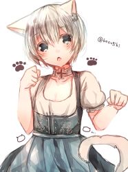 Rule 34 | 10s, 1girl, alternate costume, animal ears, animal hands, bad id, bad twitter id, blue eyes, cat ears, cat girl, cat paws, dirndl, dress, female focus, german clothes, kantai collection, kemonomimi mode, short hair, silver hair, solo, sugino (patrassyar), white background, z1 leberecht maass (kancolle)