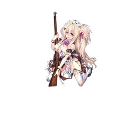 Rule 34 | 1girl, :d, ahoge, apron, black footwear, blonde hair, blouse, blue eyes, blush, bolt action, bow, bowtie, breasts, brown dress, burnt, burnt clothes, cleavage, clothing cutout, collared shirt, dango remi, dress, frown, girls&#039; frontline, gun, hair ornament, hair ribbon, hanyang type 88 (east lake lotus) (girls&#039; frontline), hanyang type 88 (girls&#039; frontline), gewehr 88, headdress, heart, heart hair ornament, high heels, holding, holding weapon, kneeling, large breasts, long hair, looking at viewer, maid headdress, official alternate costume, official art, one side up, open mouth, pinafore dress, pink bow, pink bowtie, pink ribbon, pumps, ribbon, rifle, shirt, shoulder cutout, sidelocks, sleeveless, sleeveless dress, sleeveless shirt, smile, sniper rifle, solo, thighhighs, torn apron, torn clothes, torn dress, torn shirt, torn thighhighs, transparent background, very long hair, waist apron, weapon, white shirt, white thighhighs
