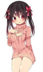 Rule 34 | 10s, 1girl, bad id, bad pixiv id, black hair, bra, cleavage cutout, clothing cutout, flat chest, hair ribbon, hand on own chest, long hair, love live!, love live! school idol project, meme attire, open-chest sweater, red eyes, ribbed sweater, ribbon, simple background, solo, sweater, turtleneck, twintails, underwear, ururu1998, white background, yazawa nico