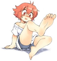 Rule 34 | 1girl, bare shoulders, barefoot, blush, feet, full body, leg up, oyatsu (mk2), red eyes, red hair, shadow, short hair, shorts, sitting, soles, solo, sweatdrop, toes, white background
