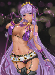 Rule 34 | 1girl, bare shoulders, bb (fate), bb (fate) (all), bb (swimsuit mooncancer) (fate), bb (swimsuit mooncancer) (second ascension) (fate), belt, bikini, bikini under clothes, black garter belt, breasts, cleavage, collarbone, covered erect nipples, eva (hq8nn1ef), fate/grand order, fate (series), fingerless gloves, garter belt, garter straps, gloves, highres, large breasts, lips, long hair, micro shorts, nail polish, navel, purple bikini, purple eyes, purple hair, shorts, skindentation, smile, solo, star (symbol), sweat, swimsuit, thighhighs, very long hair