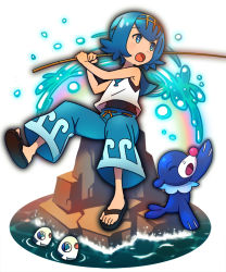 Rule 34 | 1girl, :o, bad id, bad pixiv id, bare shoulders, black footwear, black one-piece swimsuit, blue eyes, blue hair, blue pants, bright pupils, creatures (company), crop top, eyebrows, fishing rod, flat chest, full body, game freak, gen 7 pokemon, hairband, holding, holding fishing rod, keigo inoue, lana (pokemon), nintendo, one-piece swimsuit, open mouth, pants, pokemon, pokemon (creature), pokemon sm, popplio, rainbow, ribbon, ribbon-trimmed clothes, ribbon trim, rock, sailor collar, sandals, shirt, short hair, sitting, sleeveless, sleeveless shirt, swimsuit, swimsuit under clothes, tongue, trial captain, water, white pupils, white shirt, wishiwashi, wishiwashi (solo), yellow hairband, yellow ribbon