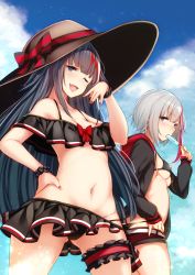 Rule 34 | 2girls, ;d, admiral graf spee (azur lane), arm up, azur lane, bare shoulders, belt, bikini, bikini skirt, bikini under clothes, black bikini, black hair, black hoodie, black shorts, blue eyes, blue sky, blush, bow, breasts, bridal garter, cleavage, clothes pull, cloud, collarbone, cowboy shot, day, deutschland (azur lane), drawstring, eating, food, frills, gluteal fold, hand on own hip, hand up, hat, hat bow, holding, holding food, hood, hood down, hoodie, legs apart, long sleeves, looking at viewer, medium breasts, multicolored hair, multiple girls, nail polish, navel, one eye closed, open clothes, open hoodie, open mouth, outdoors, popsicle, pulling own clothes, red bow, red hair, red nails, scrunchie, short shorts, shorts, shorts pull, sky, sleeves past wrists, small breasts, smile, standing, stomach, streaked hair, sun hat, swimsuit, tobimura, underboob, v-shaped eyebrows, white hair, wrist scrunchie