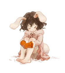 Rule 34 | 1girl, :&lt;, animal ears, bare legs, barefoot, bloomers, brown hair, closed eyes, coat, feet, female focus, frown, full body, gloves, hugging own legs, inaba tewi, iwamoto zerogo, rabbit ears, rabbit girl, rabbit tail, simple background, sitting, solo, tail, toes, touhou, underwear, upskirt, wavy hair