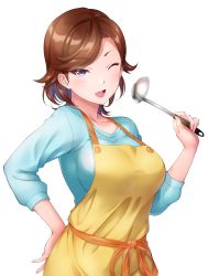 Rule 34 | 1girl, absurdres, apron, breasts, brown hair, chishio (onoderayui), fingernails, hand on own hip, highres, holding, holding ladle, ladle, love live!, love live! superstar!!, mature female, one eye closed, open mouth, purple eyes, shibuya kanon&#039;s mother, simple background, solo, white background, wink, yellow apron