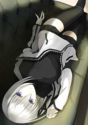 Rule 34 | 1girl, black thighhighs, blue eyes, couch, dutch angle, expressionless, foreshortening, hair ribbon, jacket, kauto, looking at viewer, lying, miniskirt, on back, original, pale skin, pleated skirt, ribbon, short hair, skirt, solo, thighhighs, turtleneck, unzipped, upside-down, white hair, zettai ryouiki, zinnia silane